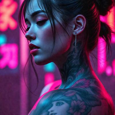 The primary subject of the image is a woman with tattoos and piercings. She is wearing a necklace and has a flower tattoo on her shoulder. The setting is a room with a pink background, which adds a vibrant and colorful atmosphere to the scene. The visual style of the image is a combination of photo and digital art, creating a unique and artistic representation of the woman. The dominant colors in the image are pink and red, which contribute to the overall mood and aesth